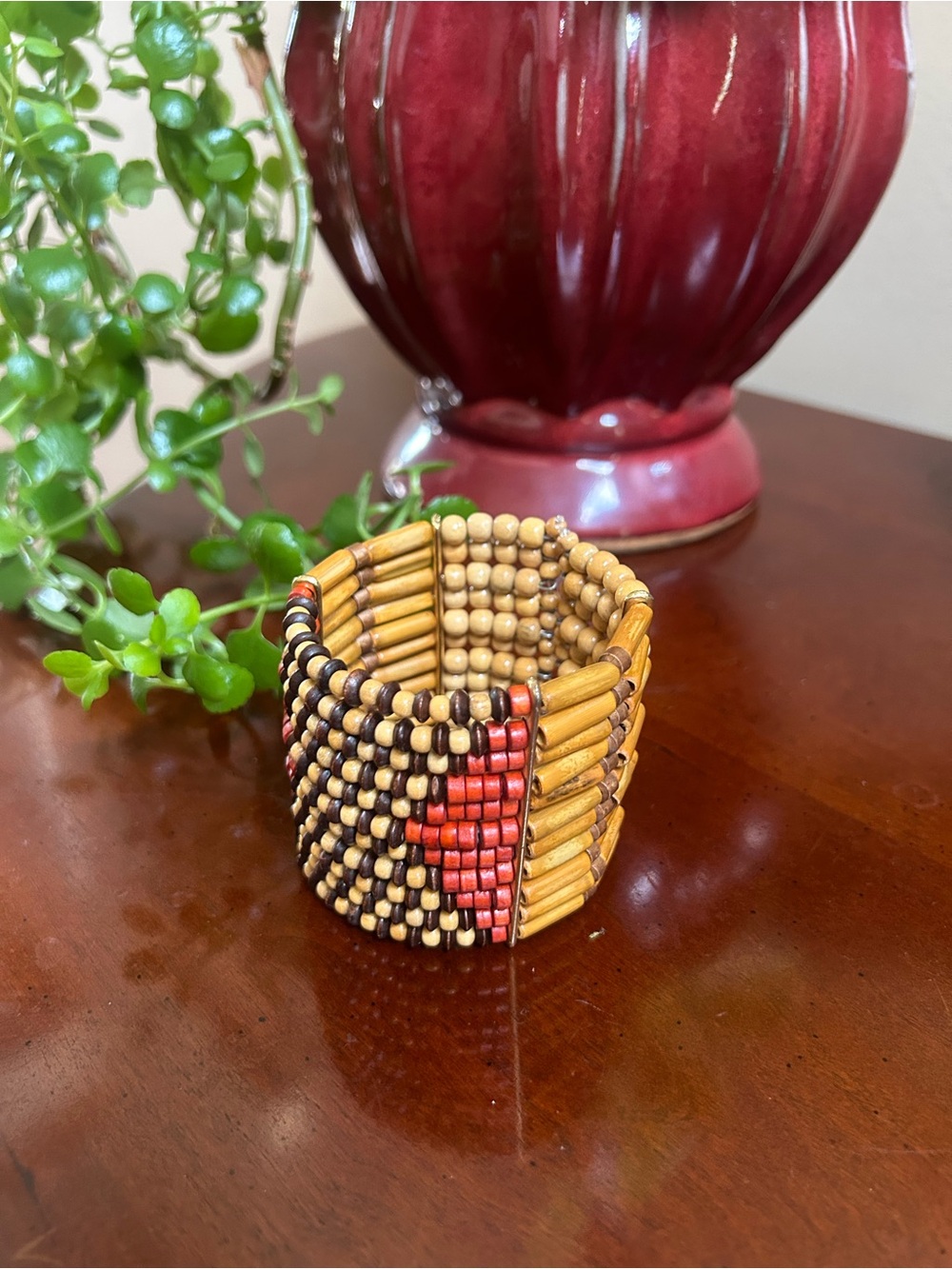 Brazilian Wooden Beaded Cuff Bracelet - Red & Natural Tones
